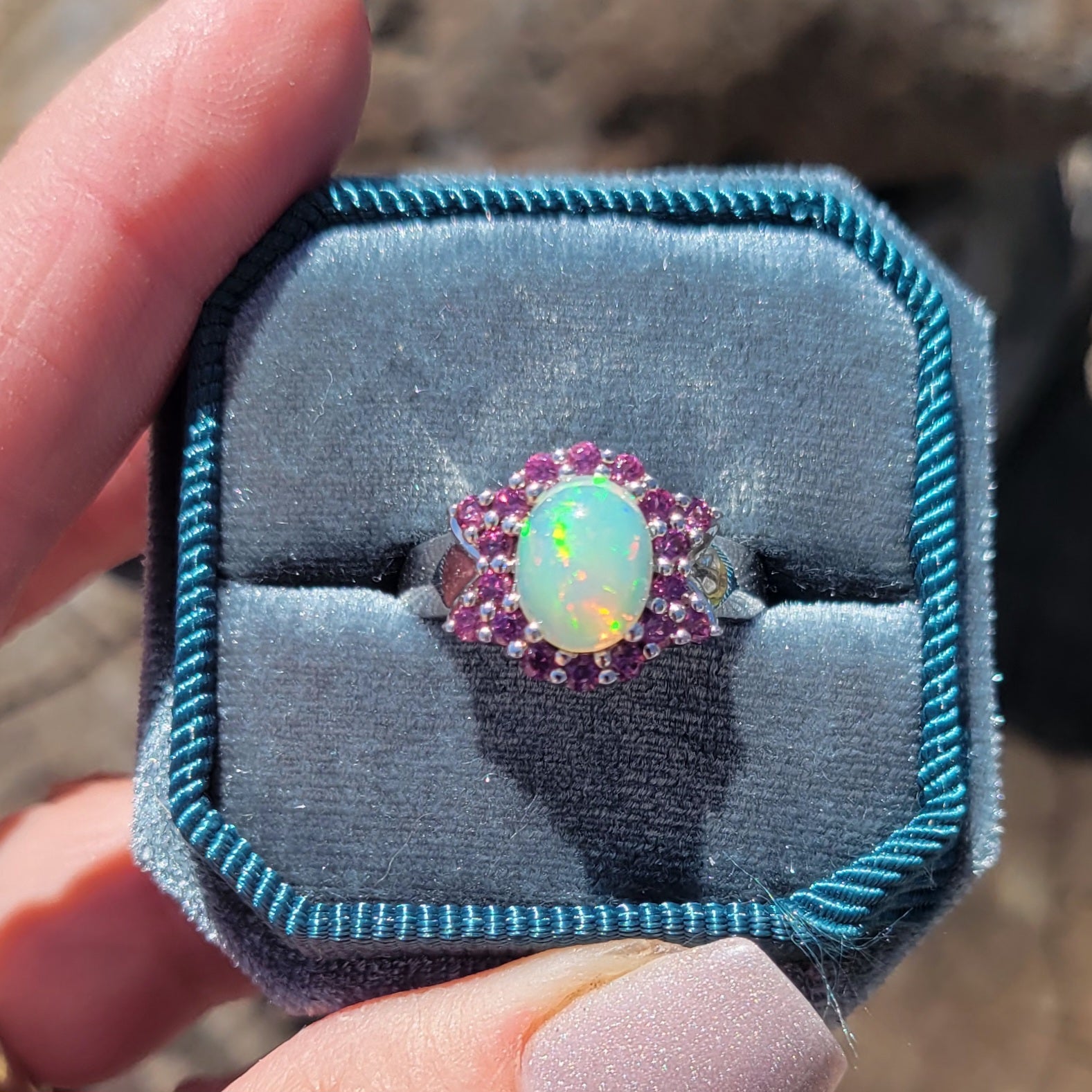Vintage Opal and Pink Sapphire Sterling Silver Ring