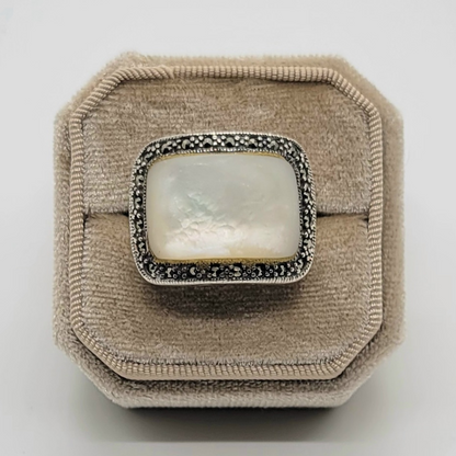Vintage Large Mother of Pearl and Marcasite Sterling Silver Ring