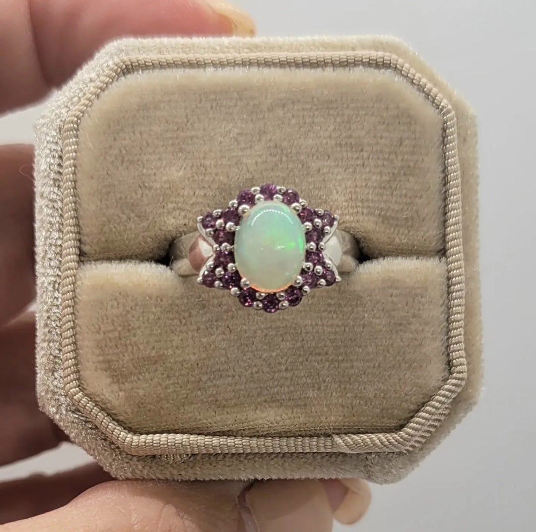 Vintage Opal and Pink Sapphire Sterling Silver Ring