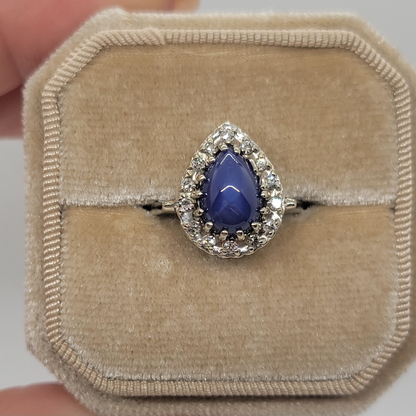 Vintage Large Blue Star Sapphire with Diamond Halo 14K White Gold Ring