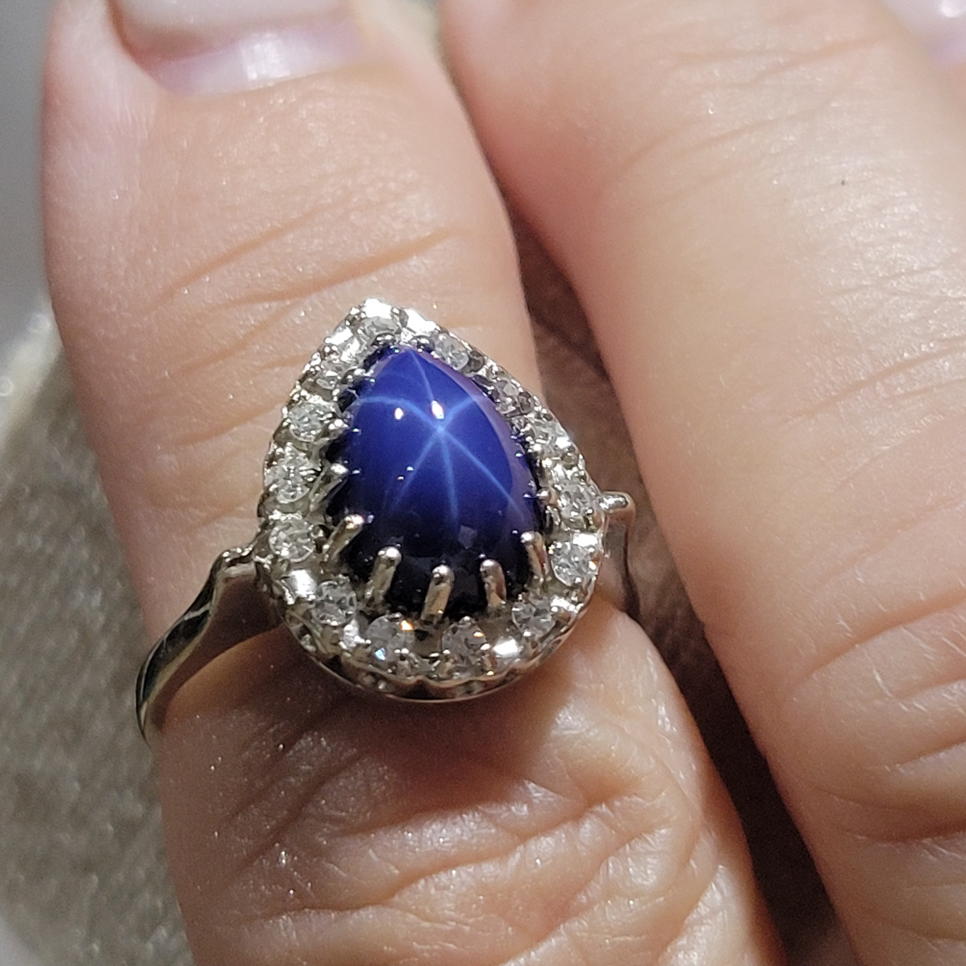 Vintage Large Blue Star Sapphire with Diamond Halo 14K White Gold Ring