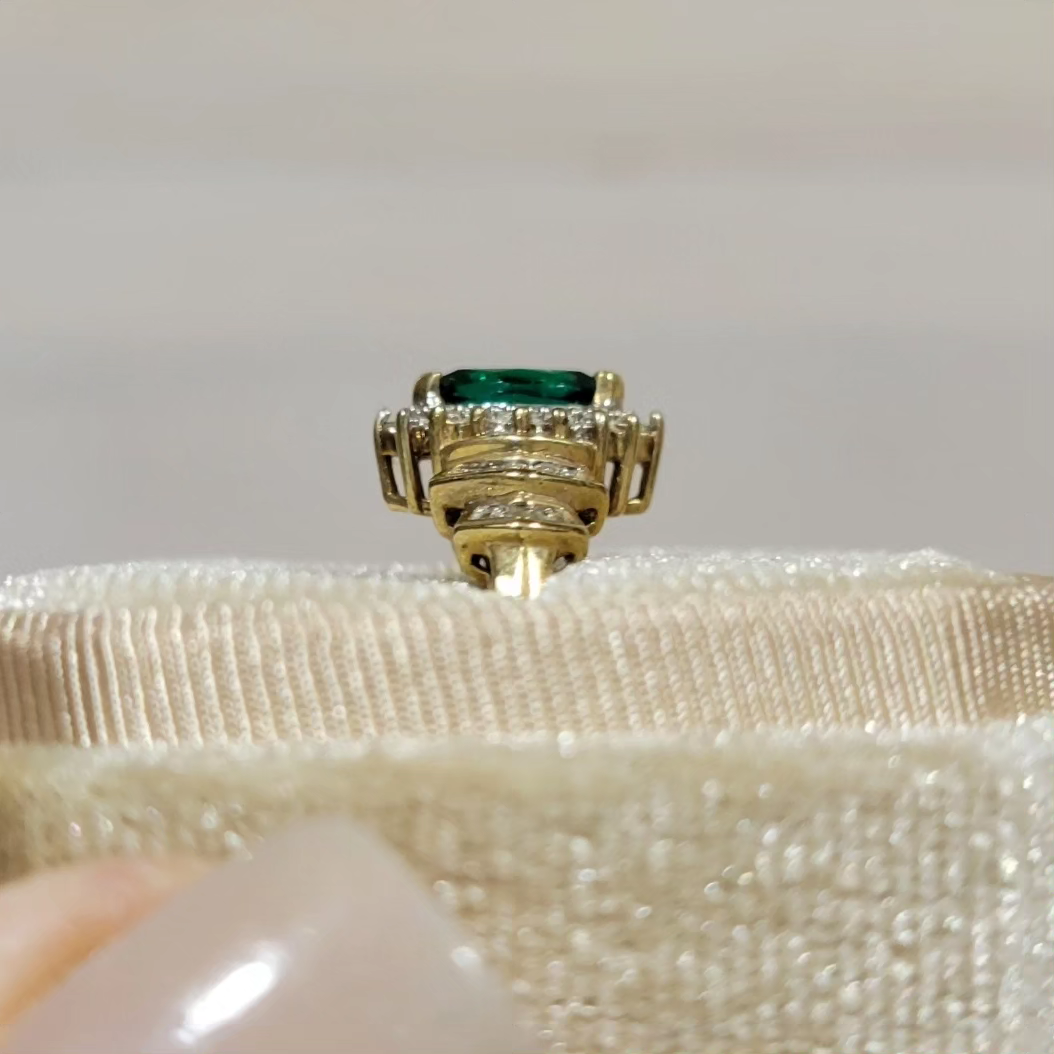 Vintage Emerald and Natural Diamond 10k Solid Yellow Gold Engagement Ring