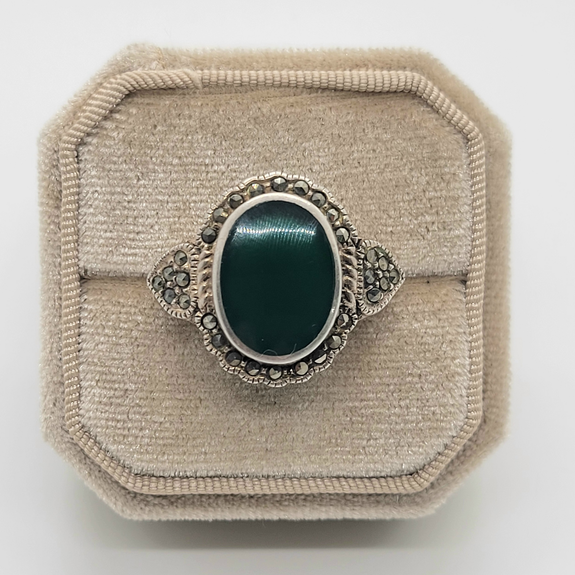 Victorian Green Onyx and Marcasite Sterling Silver Ring