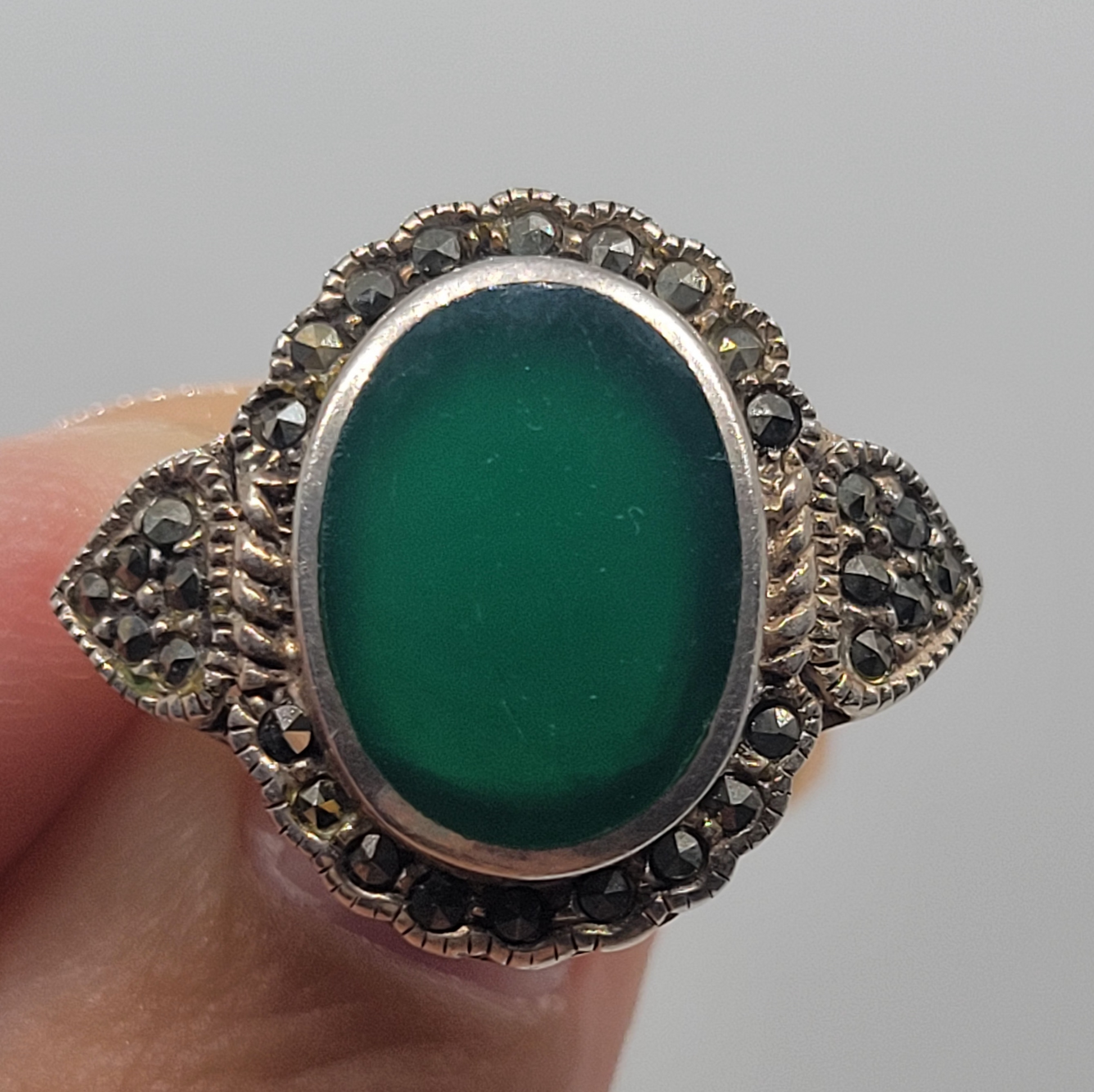 Victorian Green Onyx and Marcasite Sterling Silver Ring