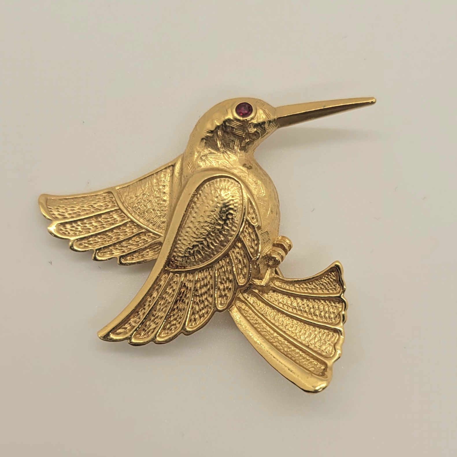 Vintage Hummingbird Gold Brooch with Ruby Eye