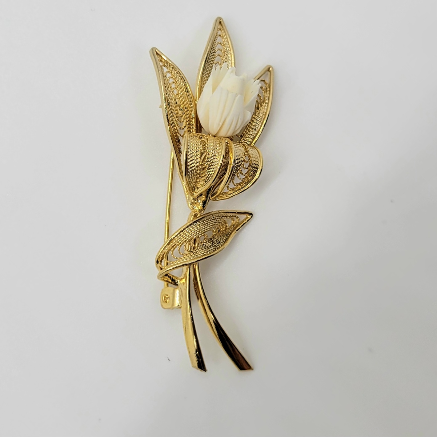 Vintage Floral Brooch with Ivory Carved Flower Gold Tone Filigree