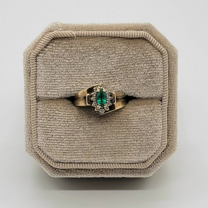 Vintage Emerald with Diamond Halo 10K Yellow Gold Ring