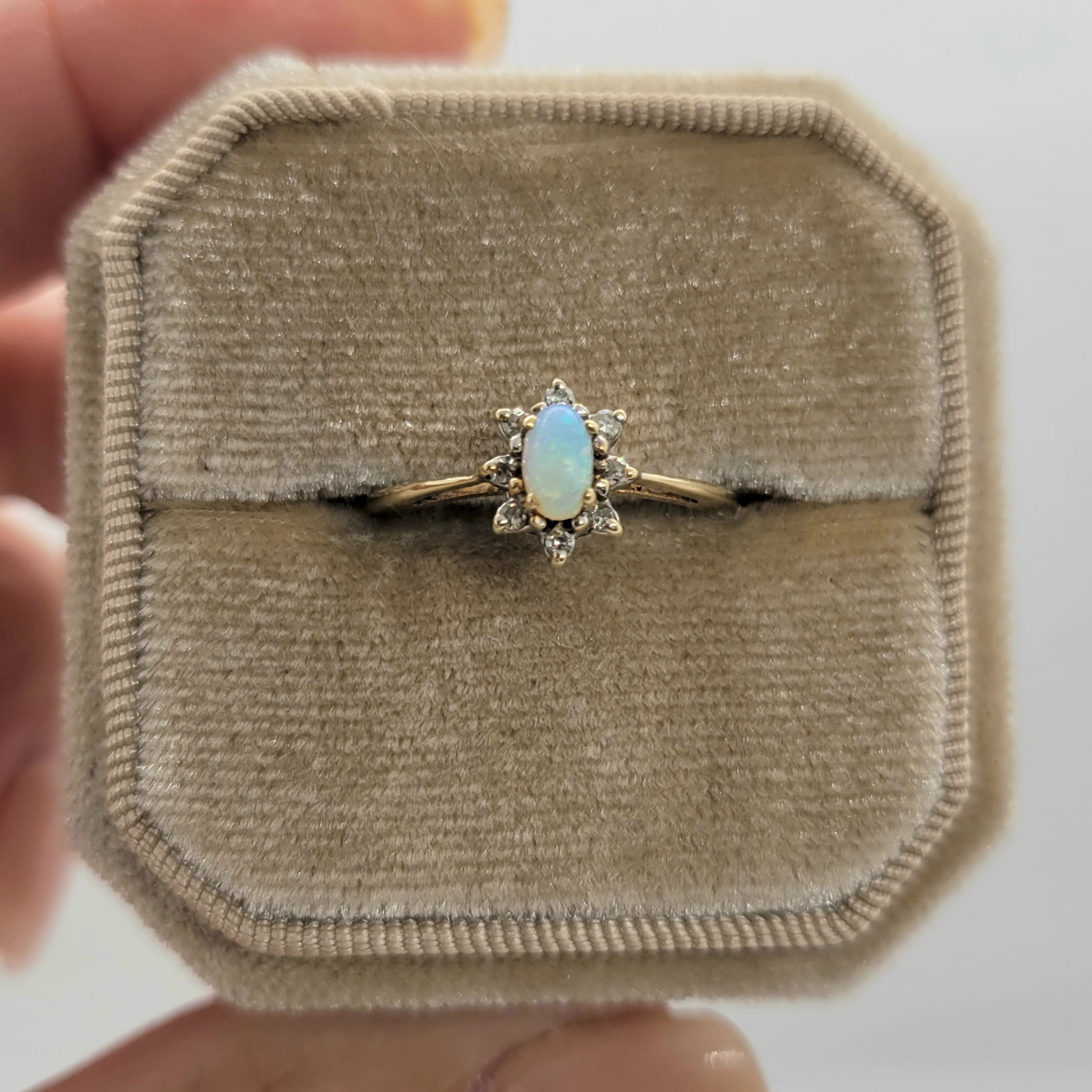 Vintage Opal and Diamond Halo 10K Plumb Ring
