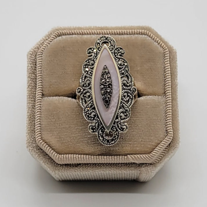 Breath-taking Pink Mother of Pearl with Marcasite Vintage Ring in Sterling Silver