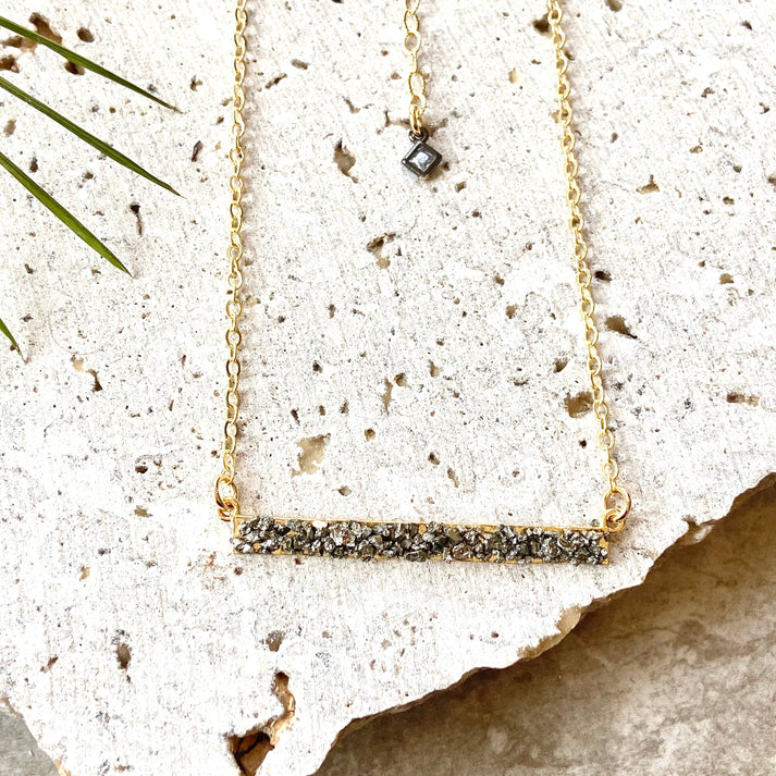 Crushed pyrite bar necklace boutique salon gift spa trendy