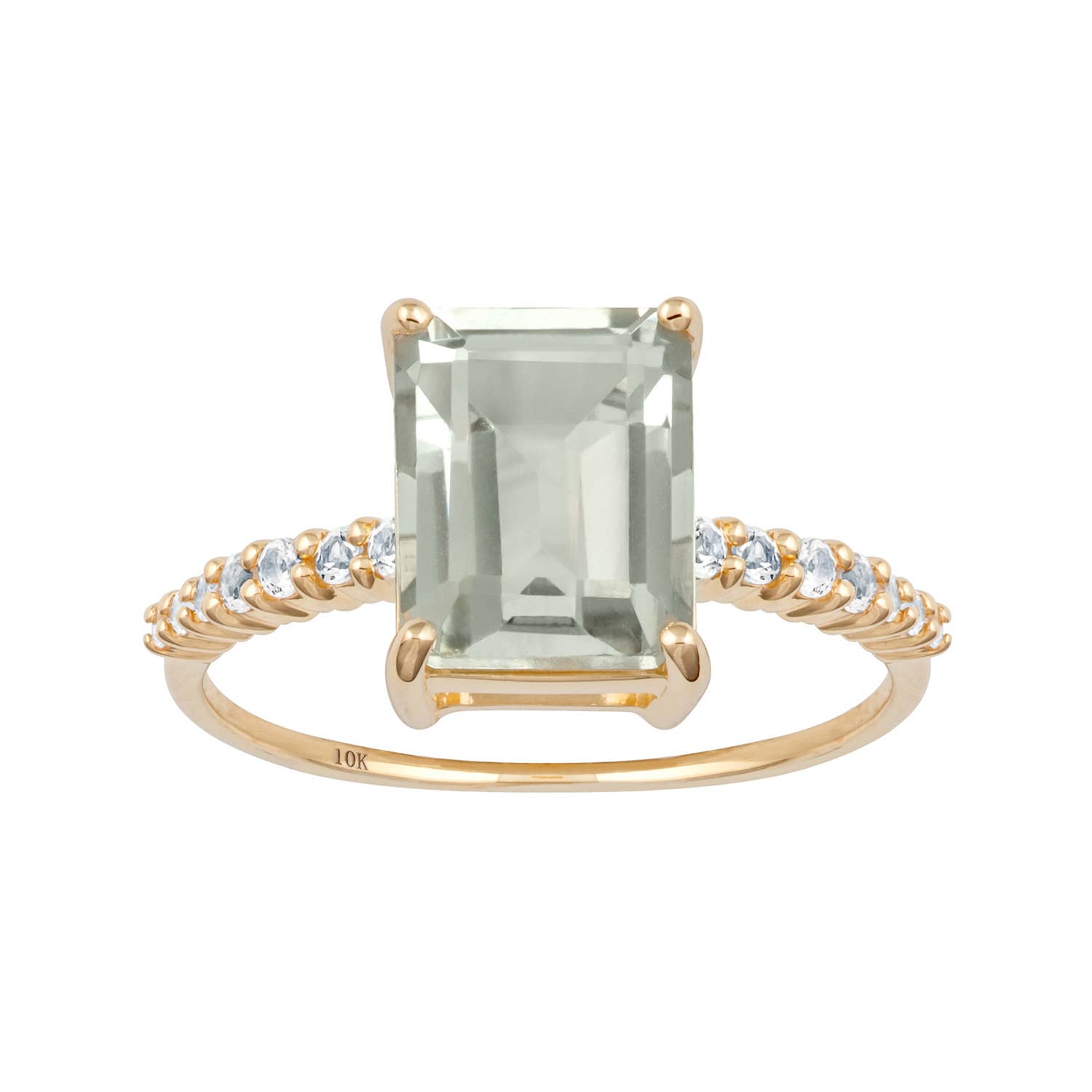 10k Yellow Gold Emerald-Cut Green Amethyst and White Topaz Ring