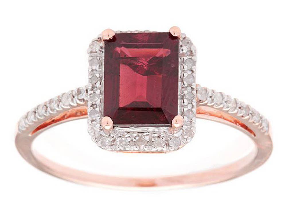 10k Rose Gold Emerald-Shape Garnet and Diamond Halo Ring