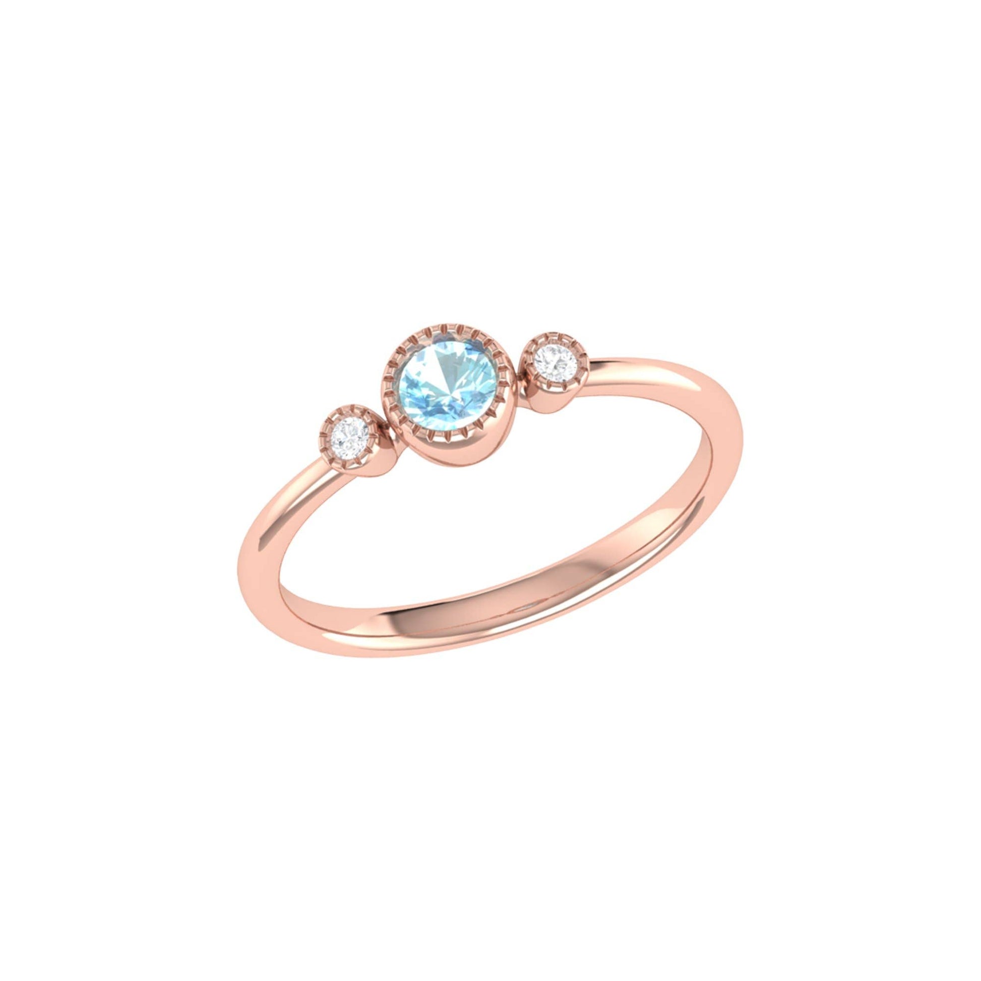 Round Cut Aquamarine &amp; Diamond Birthstone Ring In 14K Rose Gold