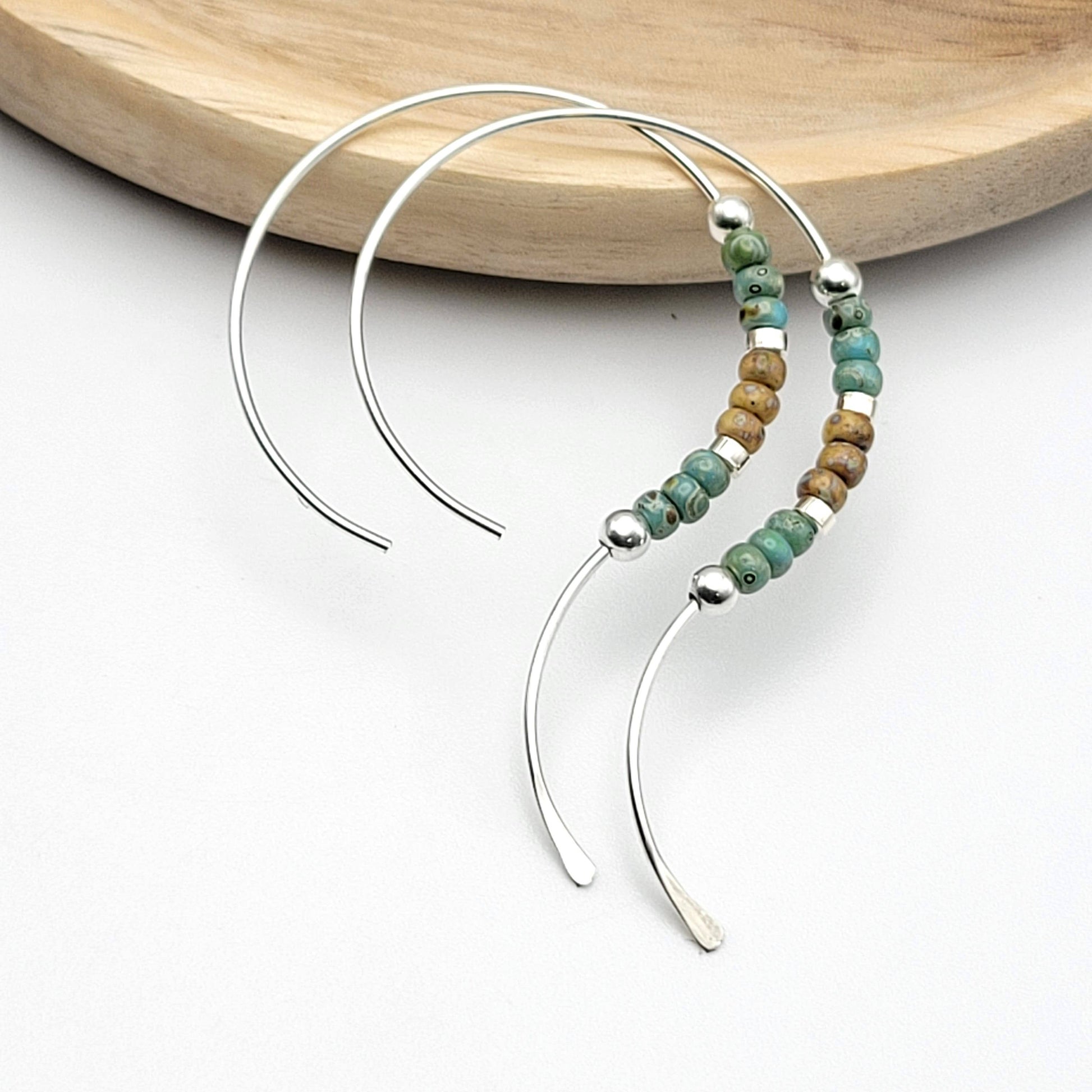 Silver Open Hoop Earrings with Turquoise and Tan Beads